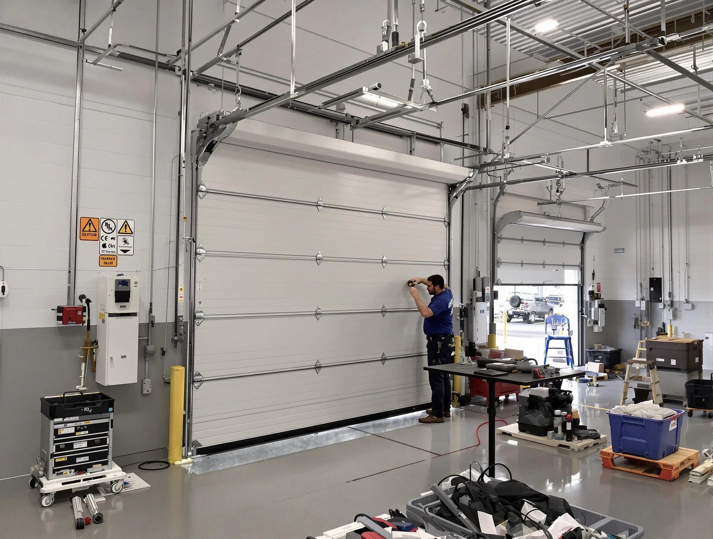 Commercial garage door repair being performed by Montgomery Garage Door Repair expert in Montgomery