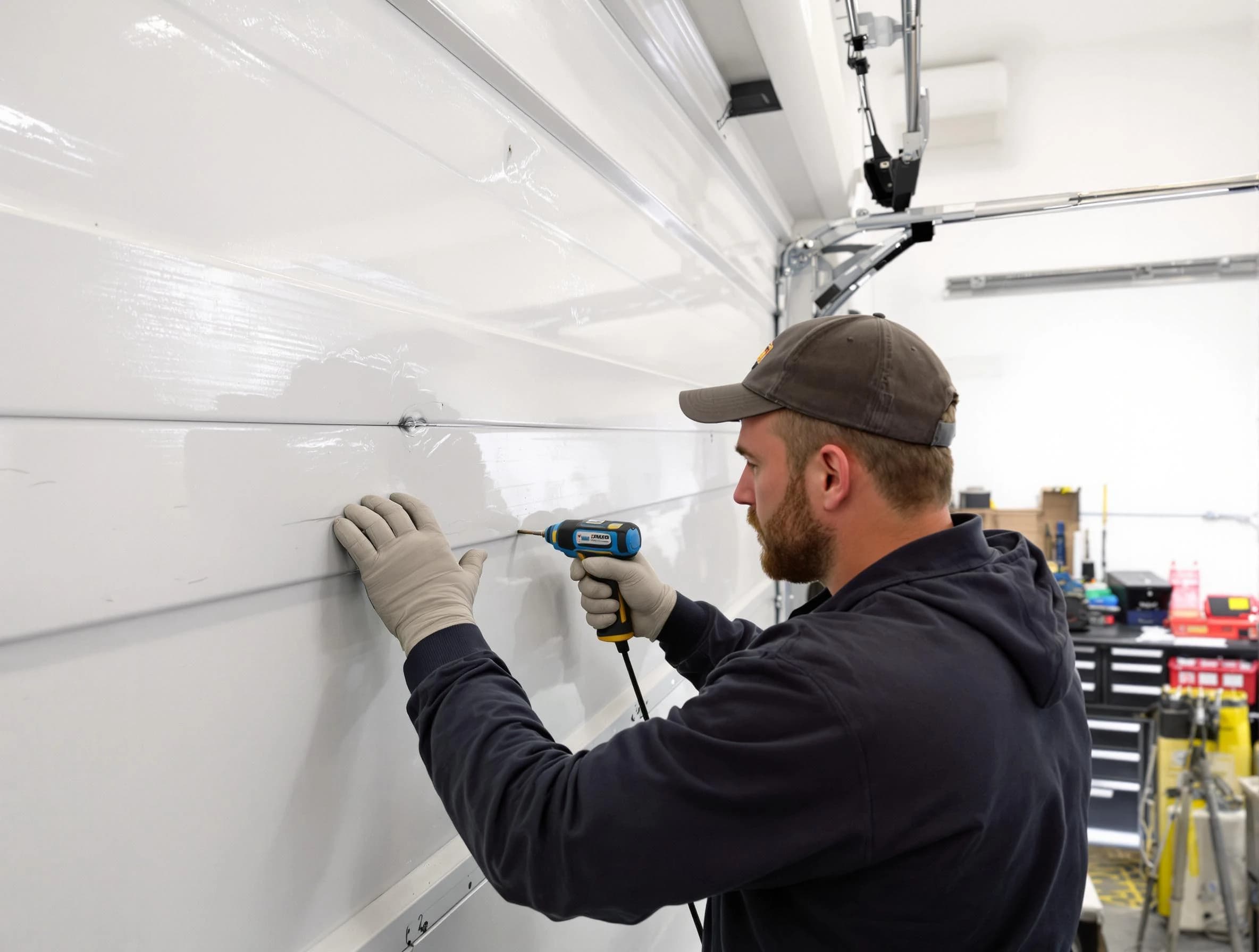 Montgomery Garage Door Repair technician demonstrating precision dent removal techniques on a Montgomery garage door