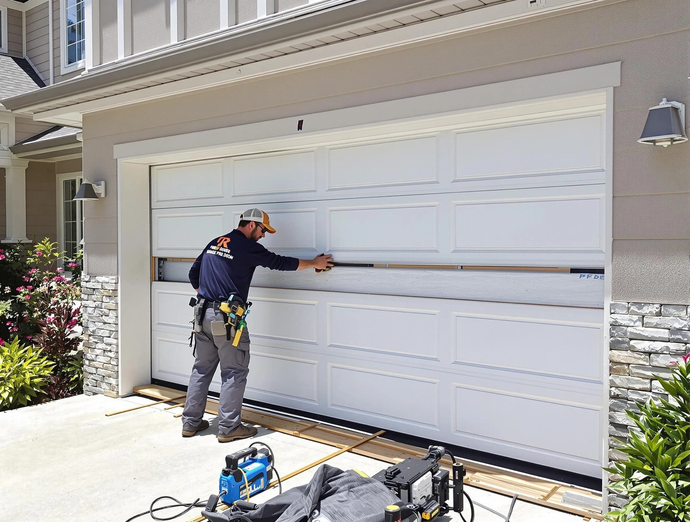 Montgomery Garage Door Repair team performing complete garage door replacement at Montgomery residence