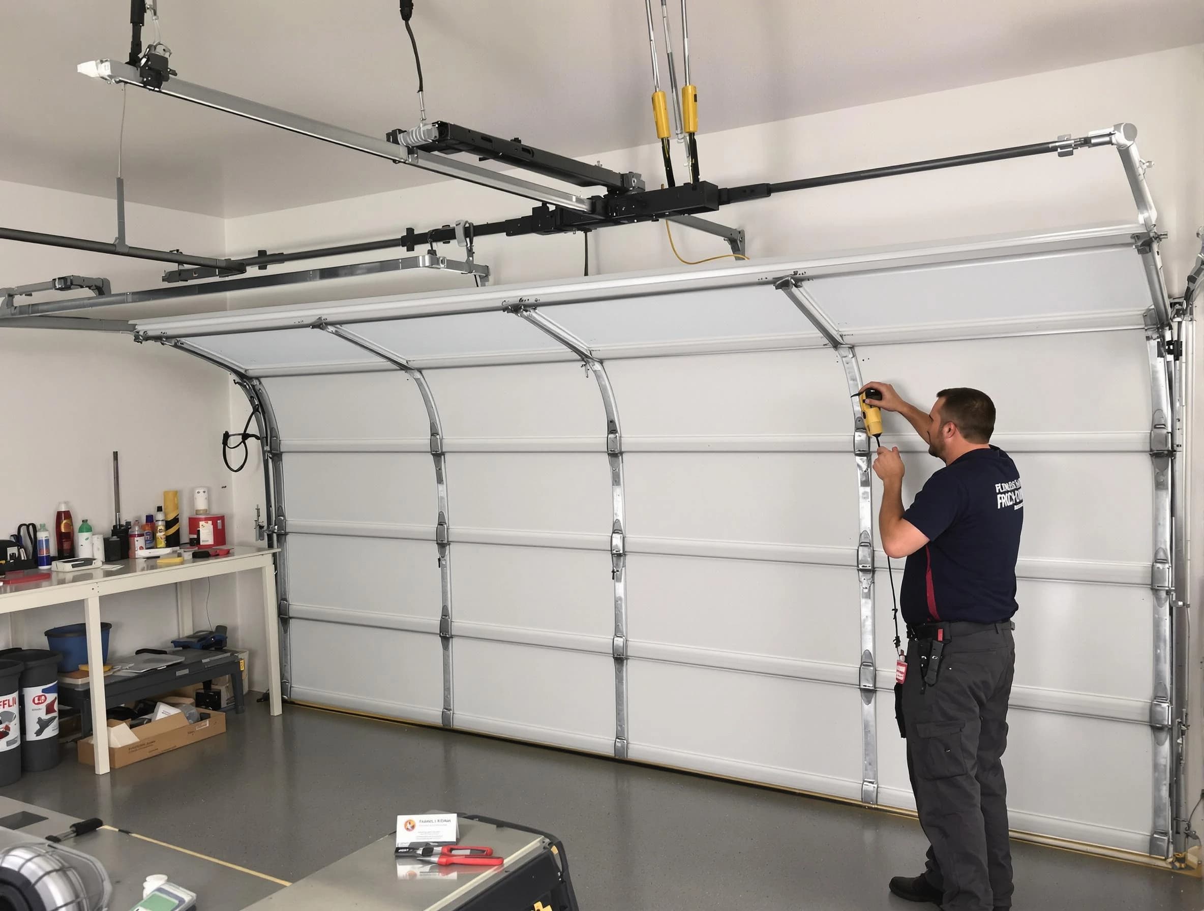 Montgomery Garage Door Repair certified technician performing overhead door system repair in Montgomery