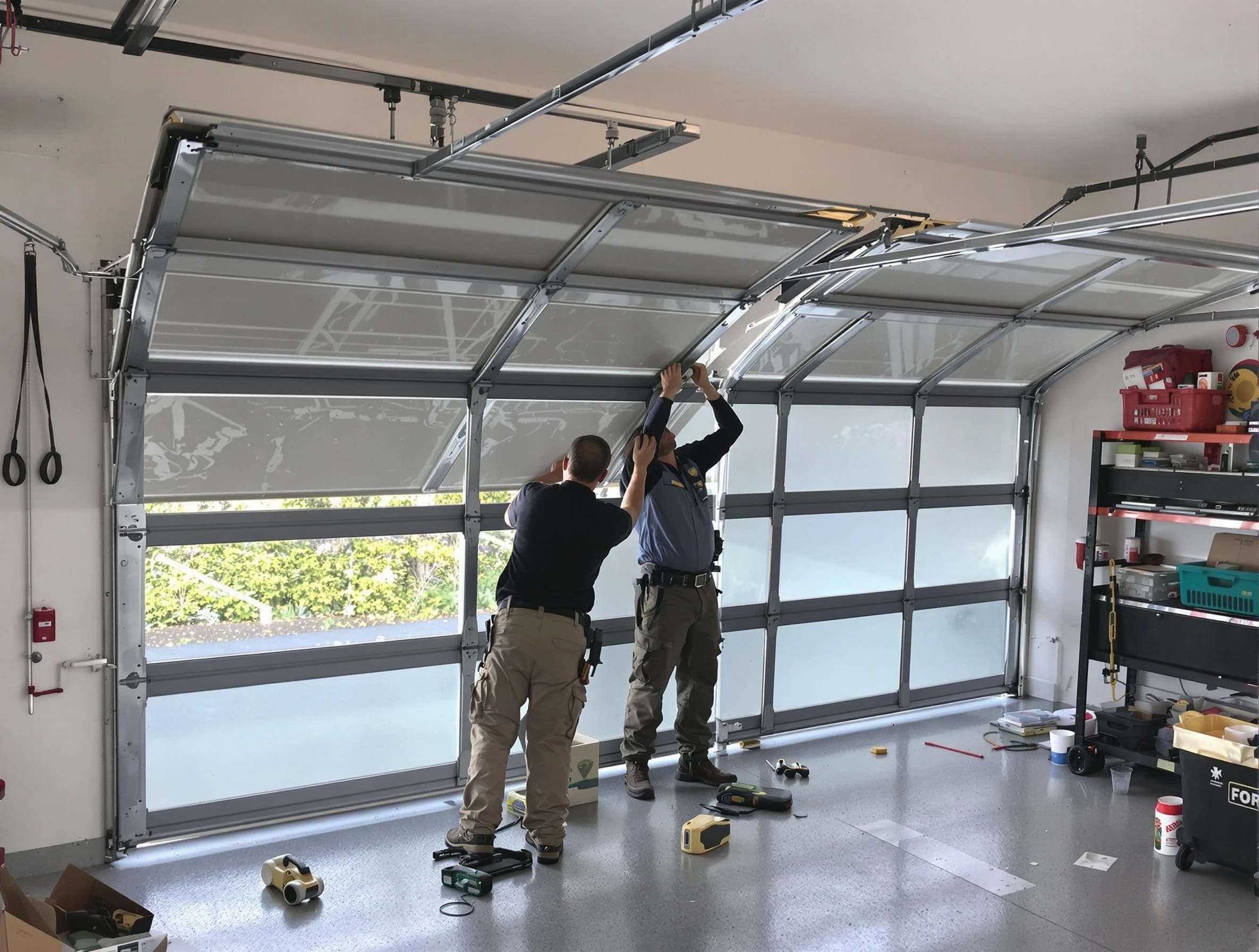 Montgomery Garage Door Repair expert performing precise panel replacement on Montgomery garage door