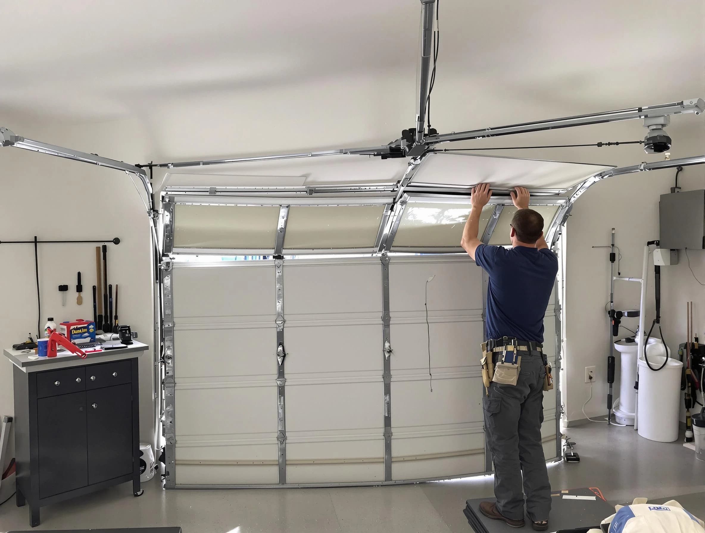 Montgomery Garage Door Repair specialist performing precise section replacement on Montgomery garage door