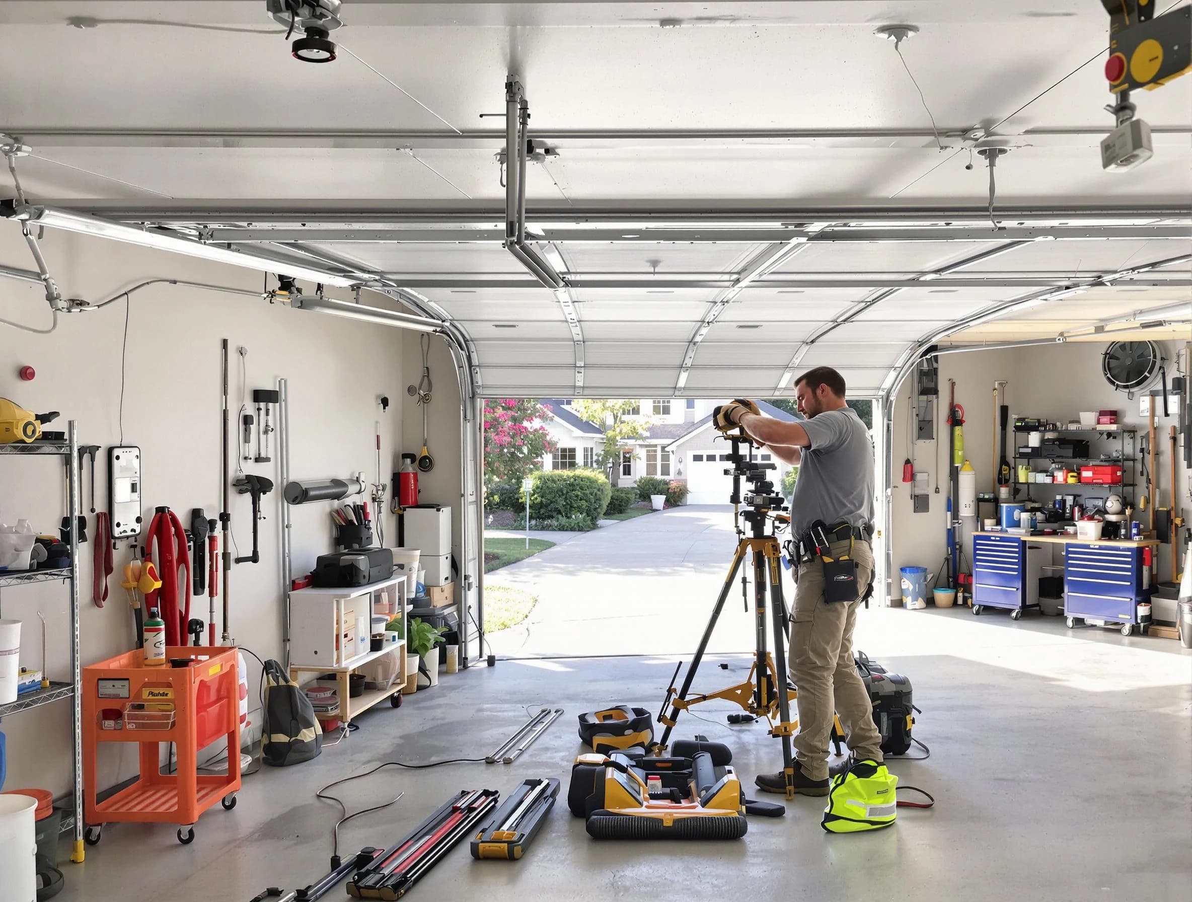 Montgomery Garage Door Repair specialist performing laser-guided track alignment in Montgomery